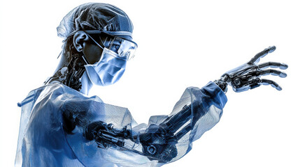 Partial silhouette surgeon coordinating cybernetic limb attachment using AI holographic interface in futuristic sterile medical environment, calm determined expression