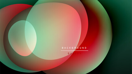 Abstract colorful overlapping circles. Gradient shades create dynamic visual effect. Dark background enhances vibrant hues. Modern design element.
