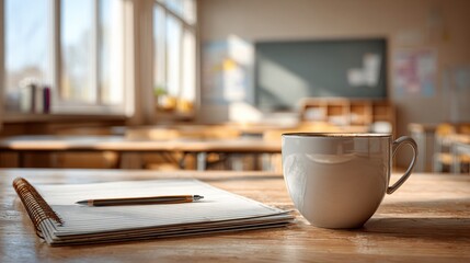 Teacher crafting lesson plan in notebook with coffee cup in bright classroom, space for digital insert