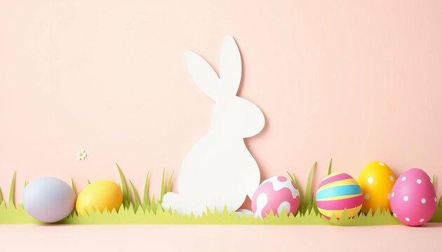Minimalist paper cut bunny silhouette with colorful Easter eggs on pastel background , celebration, eggs