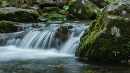 Fototapeta premium A mountain stream flows gently, passing through moss - covered rocks, presenting a fresh and natural mountain water scene. 