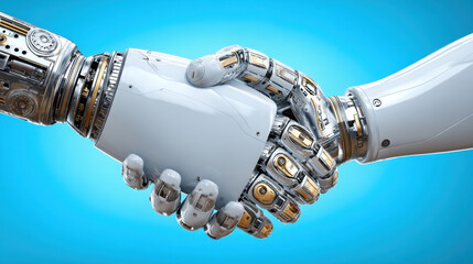 Robotic hand shaking gloved human hand in futuristic clean tech studio conveying partnership and trustful collaboration