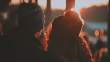 Couple in winter hat and jacket watching warm sunset glow over chilly waterfront, romantic mood and soft golden light