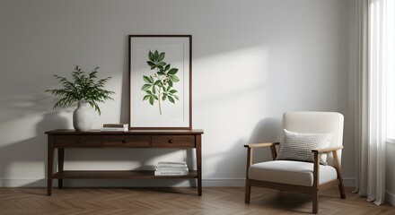 Modern Interior with Console Table, Chair, and Botanical Art