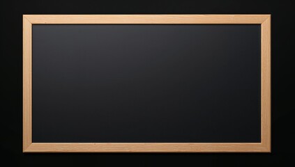 An empty, clean black chalkboard with a wooden frame with dark background.