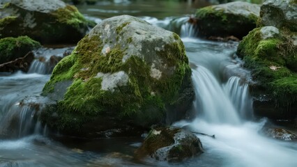 A mountain stream flows gently, passing through moss - covered rocks, presenting a fresh and natural mountain water scene.
