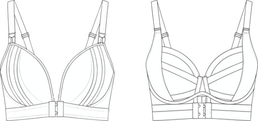 Lingerie bra technical flat, front and back view, underwire cup design, adjustable straps, detailed sewing lines, fashion cad drawing vector