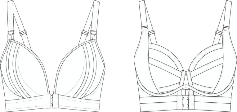Lingerie bra technical flat, front and back view, underwire cup design, adjustable straps, detailed sewing lines, fashion cad drawing vector