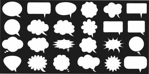 Collection of diverse white speech bubbles and thought bubbles on black background