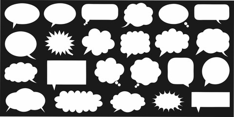 Collection of diverse white speech bubbles and thought bubbles on a black background