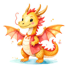 Fototapeta premium Cute cartoon baby dragon with wings and vest.