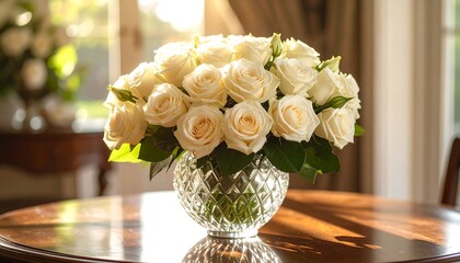 Roses in a crystal vase.