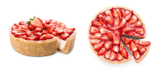 Sweet strawberry cheesecakes on white background