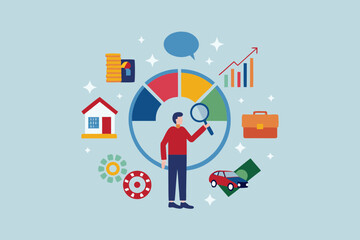 Man analyzing financial data and assets with a magnifying glass and pie chart