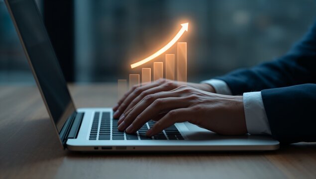 Person using a laptop with a digital graph and an upward arrow