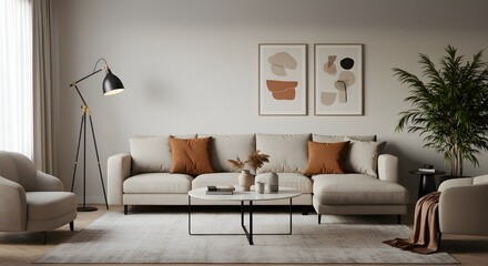 Modern Living Room Interior with Beige Sofa and Geometric Art