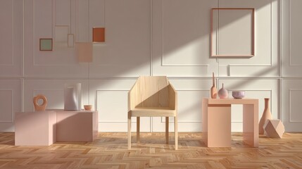 Minimalist Modern Interior with Neutral Colors and Geometric Decor in Bright Room