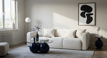 Obraz premium Modern Living Room Interior with Boucle Sofa and Designer Furniture