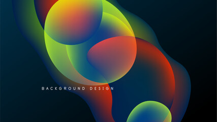 Abstract colorful shapes overlap, creating vibrant fluid design. Dark background emphasizes bright gradients, smooth transitions. Modern aesthetic.
