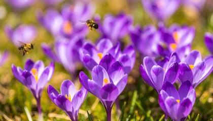 Vibrant crocuses in springtime, with busy bees