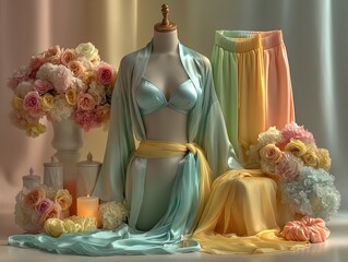 pastel mint silk bridal 7 piece set arranged catalog ghost mannequin slip dress centered clean simple design for web and print use clear view modern minimal look neat layout vivid detail soft light