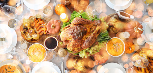 Festive table setting with tasty food for Thanksgiving Day in room, top view