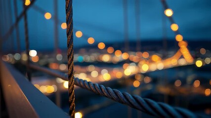 Artistic medium shot of illuminated suspension bridge tower focused steel cables with distant city lights fading into soft bokeh background. - Powered by Adobe