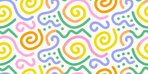 Vibrant abstract pattern with colorful wavy lines and swirls on a white background