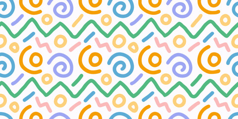 Whimsical abstract pattern with colorful swirls zigzags circles and lines on white background