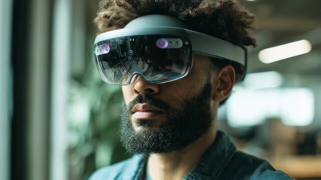 XR onboarding strategist midpresentation medium shot with clear focus on expressive face and VR headset demonstration blurred technology setup enhancing innovation theme.
