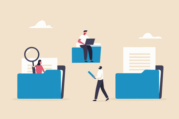 People working with digital files and documents in folders analyzing data and information