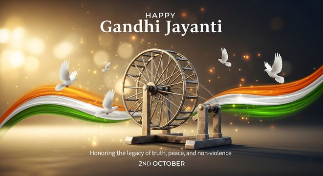 Happy gandhi jayanti celebration with indian flag and spinning wheel