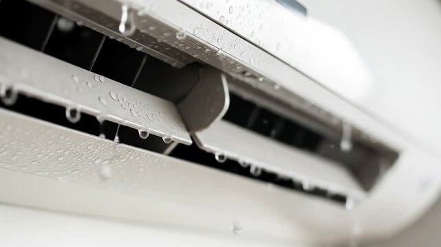 Close-up of a malfunctioning air conditioner leaking water with droplets on the vents and louvers