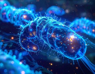 Fototapeta premium Futuristic Digital Microbe Bacteria with Glowing Blue Energy and Fiber Optic Connections