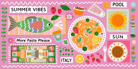 Vibrant summer vibes illustration with italian food sun pool and fun elements