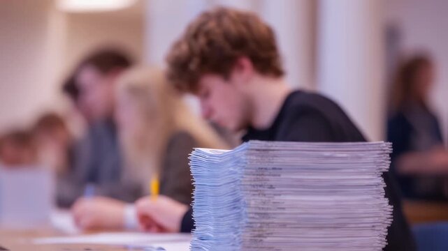 Sharp focus on a stack of contract playbooks with marked fallback terms medium shot showing blurred attendees brainstorming in the background.