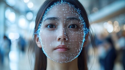 Futuristic portrait of a woman with a face scan technology overlayed with digital network for data