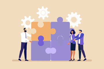 Diverse business people collaborating to complete a large puzzle with gears symbolizing teamwork and strategy