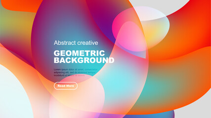 Vibrant abstract shapes overlap black background. Colorful gradients create dynamic visual effect. Text promotes geometric design concept.