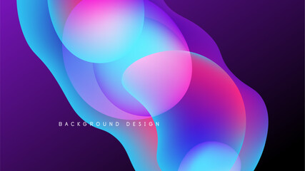 Abstract fluid shapes overlap, creating vibrant gradients. Colors blendblues, pinks, purplesover dark background. Modern design element.