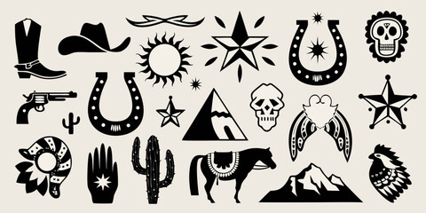Collection of western themed icons including cowboy boots hat horse pistol cactus skull horseshoe sun mountains and stars