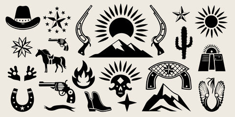 Collection of western and cowboy themed graphic design elements and icons in black silhouette