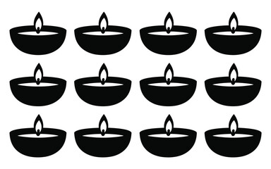 Vector art of elegant diwali diya pattern, featuring multiple traditional oil lamps with flickering flames, ideal for festive backgrounds and celebratory designs