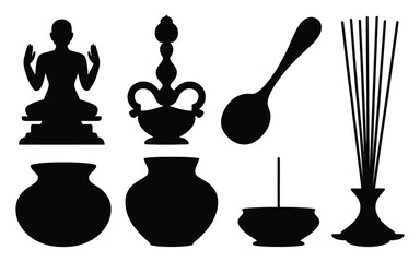 Vector art of collection of items used in buddhist rituals, includes monks, incense, bowls, spoon, and other symbolic objects for prayer