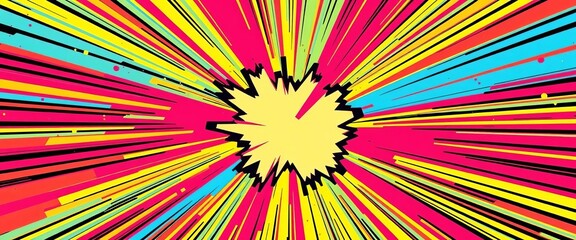 Fototapeta premium Vertical vibrant pop art explosion effect background featuring bold colors and comic book style radiating lines, bright, background