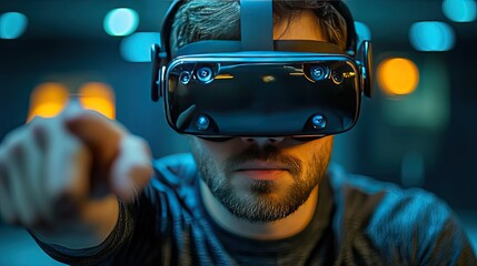 Immersive virtual reality experience of a man exploring digital worlds