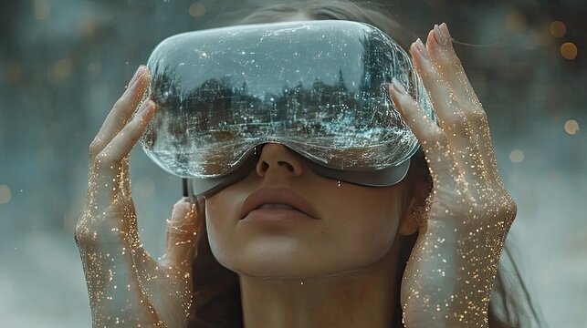 Immersive virtual reality experience: a woman exploring digital landscapes with a VR headset - Powered by Adobe