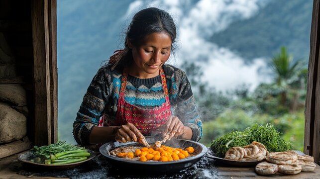 Indigenous woman cooking a traditional meal in her rustic mountain kitchen with scenic view