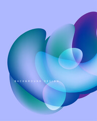 Abstract fluid shapes overlap, creating vibrant blue, purple gradients. Background features soft lighting, modern design elements.