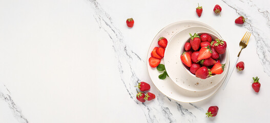 Bowl with fresh ripe strawberries on white background